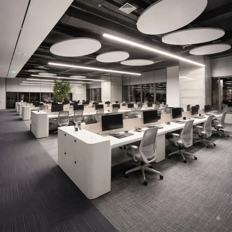 Open-plan DDAM workspace with long white desks, monitors and circular acoustic ceiling panels