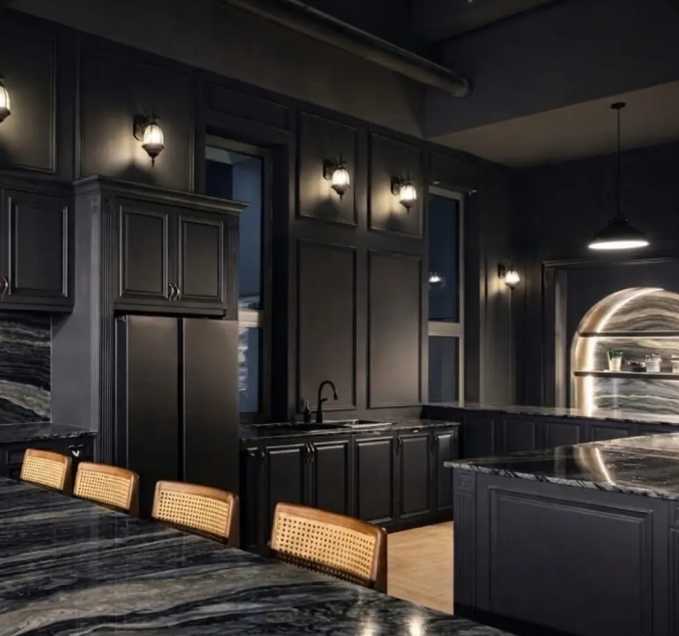 Dark British bar-style social lounge with marble counter, cane bar stools and warm pendant lighting